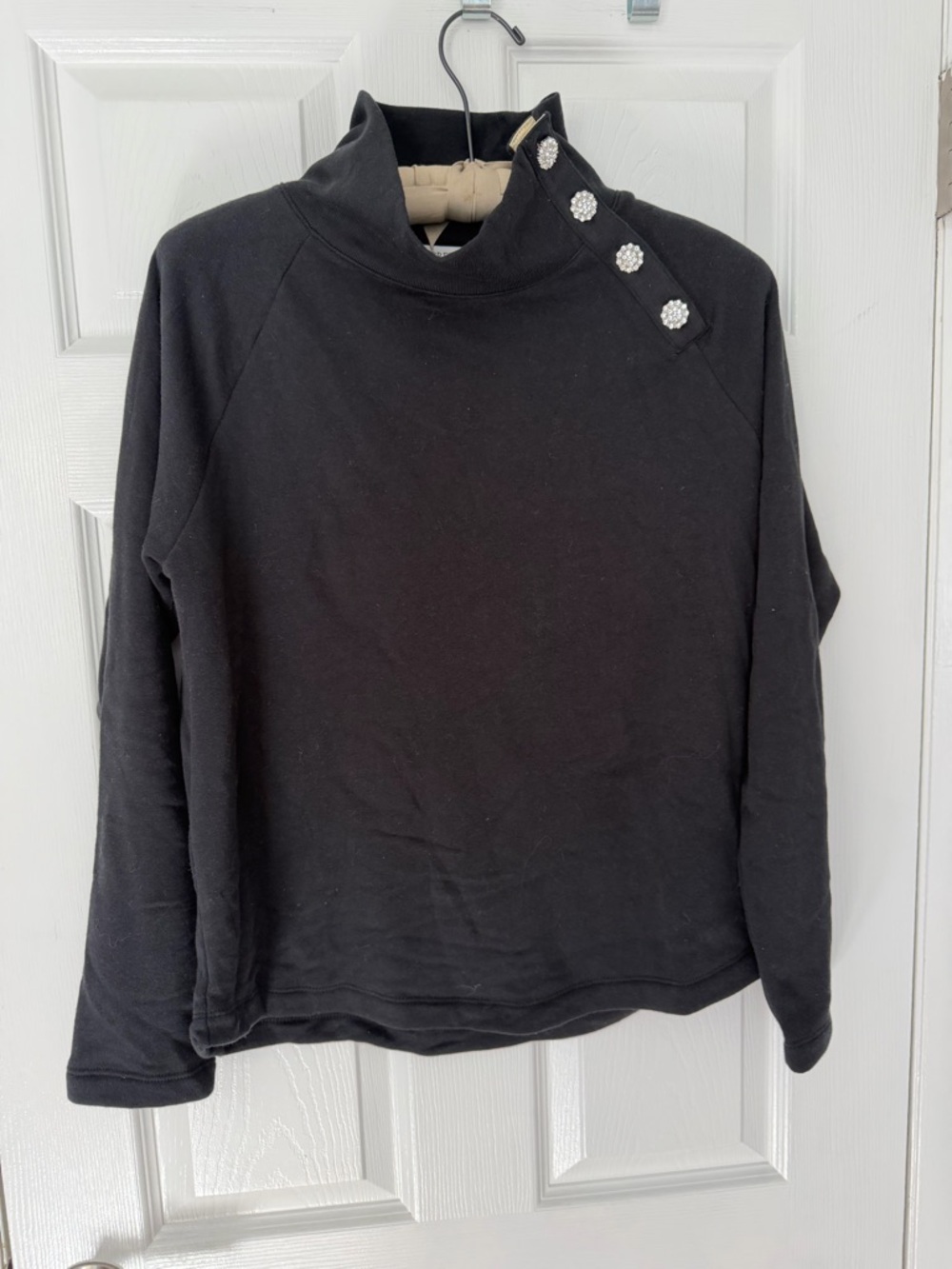 J. Crew Black Mock Neck Sweater with Pearl Button Detail